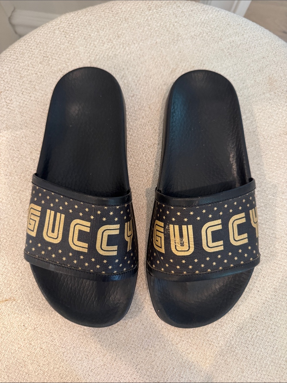 Gucci Black and Gold Logo Star Slide Sandals